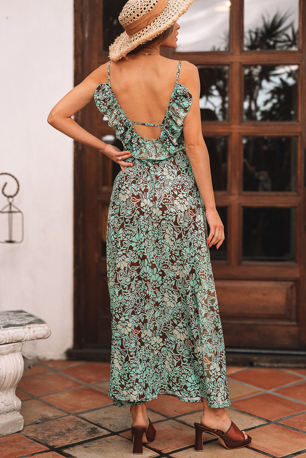 Robe longue à imprimé floral, col en V, bordure à volants, dos nu, taille à pompons