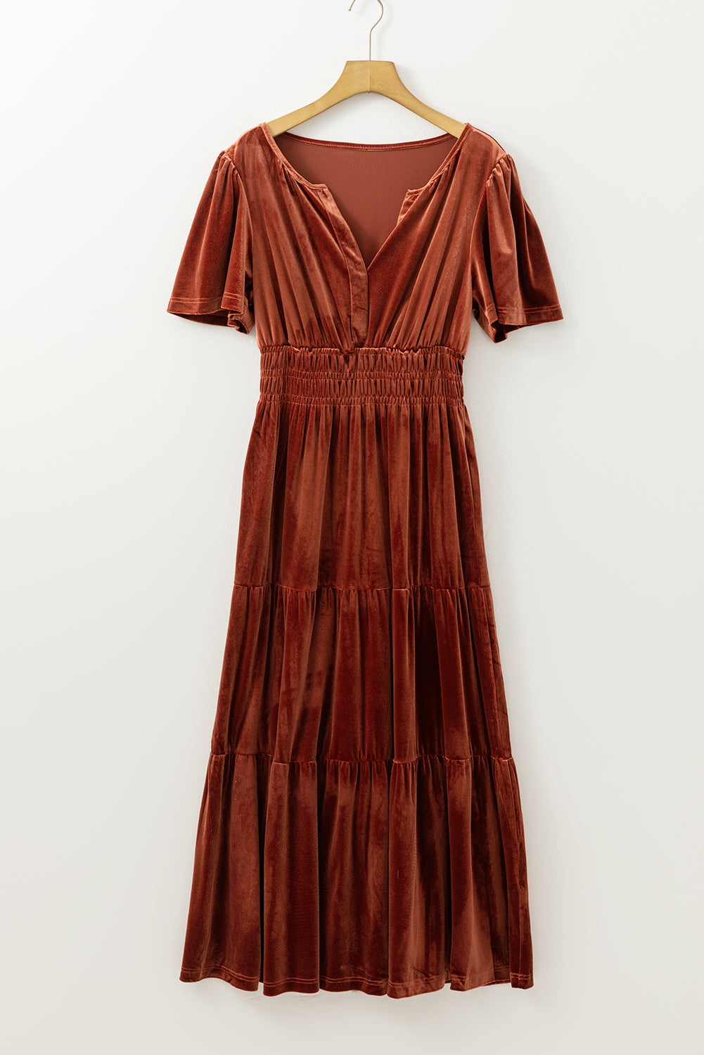 Robe longue en velours a manches courtes et taille froncée a plusieurs niveaux