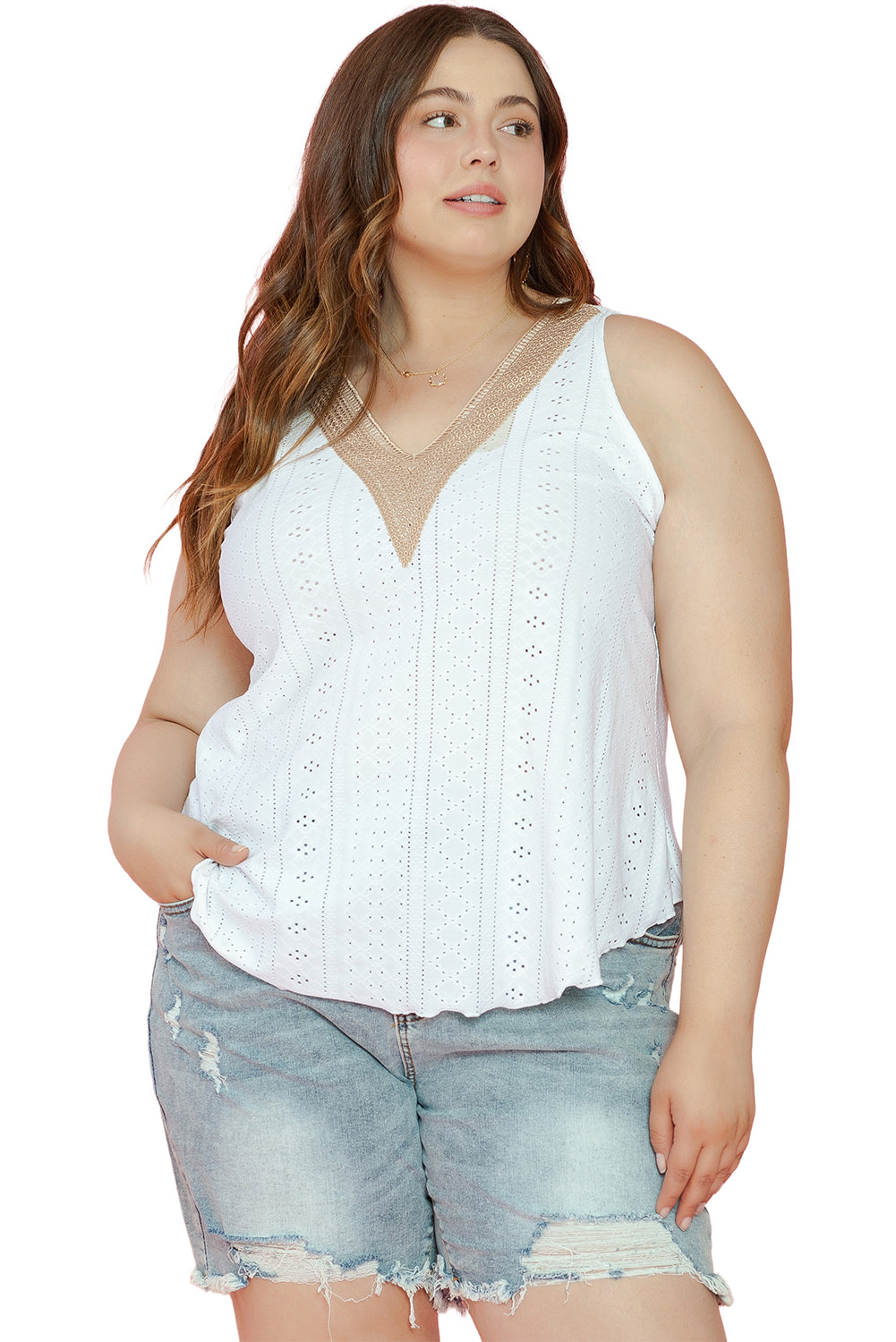 Débardeur en Dentelle à Oeillets à Col en V Guipure de Grande Taille
