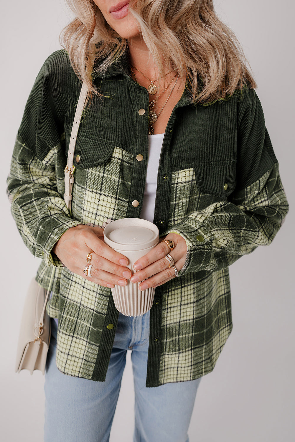 Veste à carreaux color block avec boutons-pression