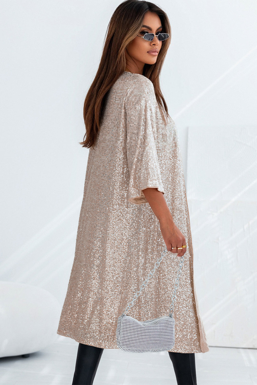 Kimono plumeau ouvert à manches 3/4 et sequins