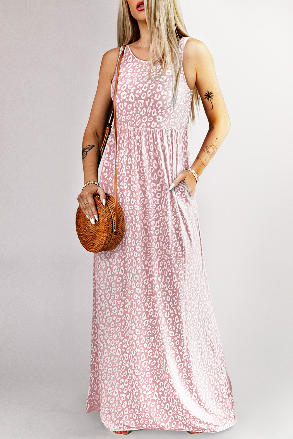 Robe longue sans manches à poches et imprimé léopard
