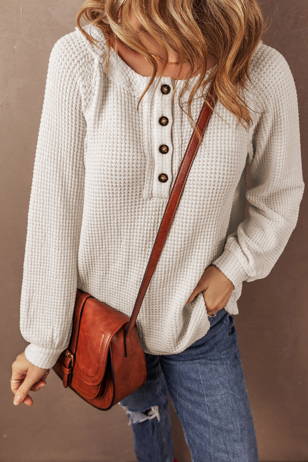 Blouse ample à manches raglan boutonnée sur le devant en tricot gaufré
