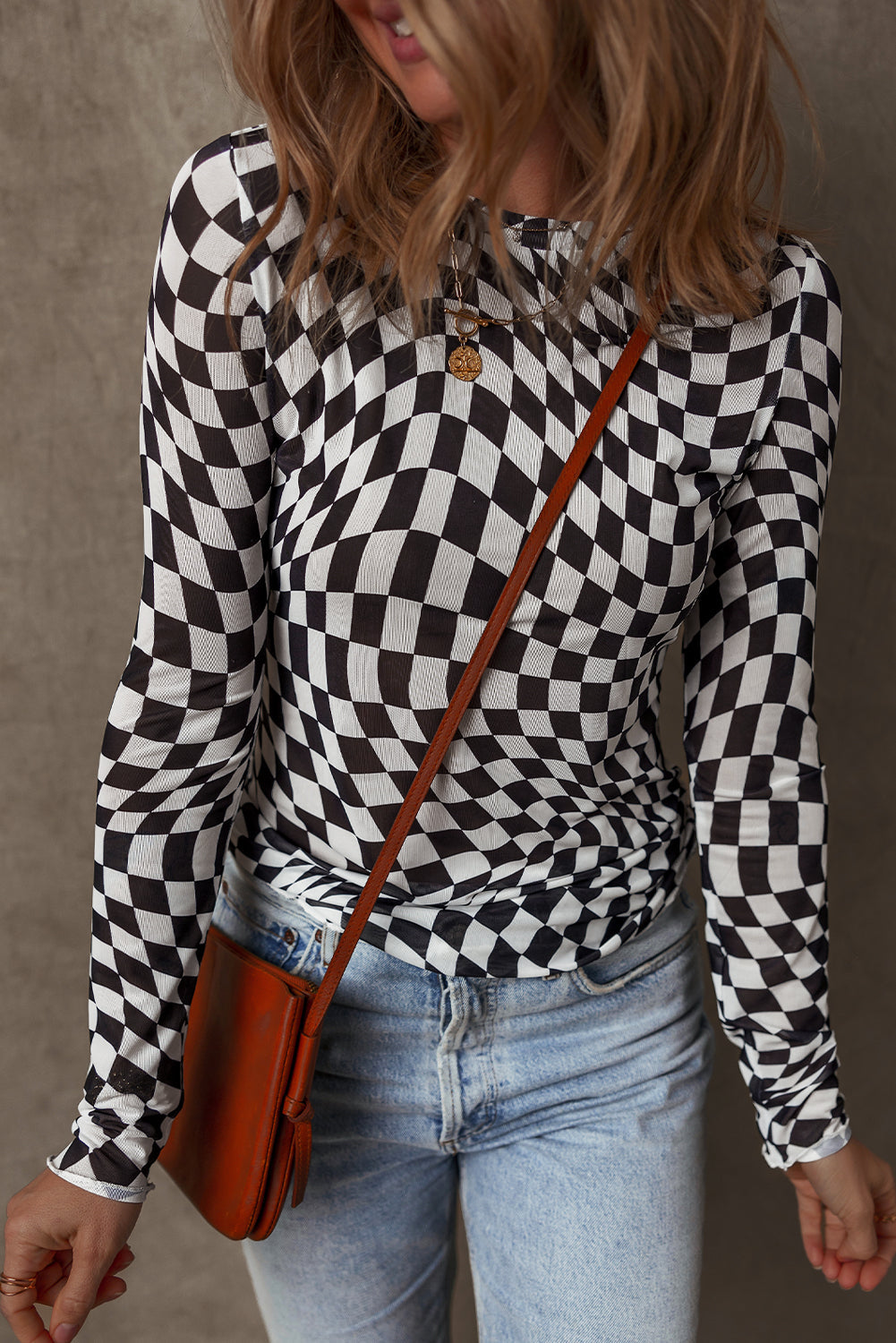 Haut a manches longues et col montant en maille a motif a carreaux