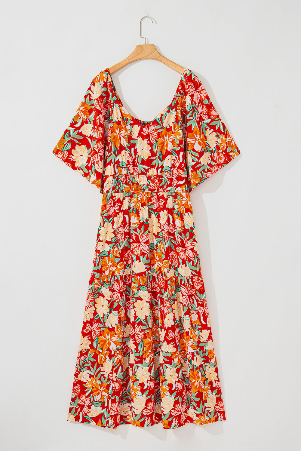 Robe longue grande taille à fleurs, col en V, manches flottantes, taille cintrée