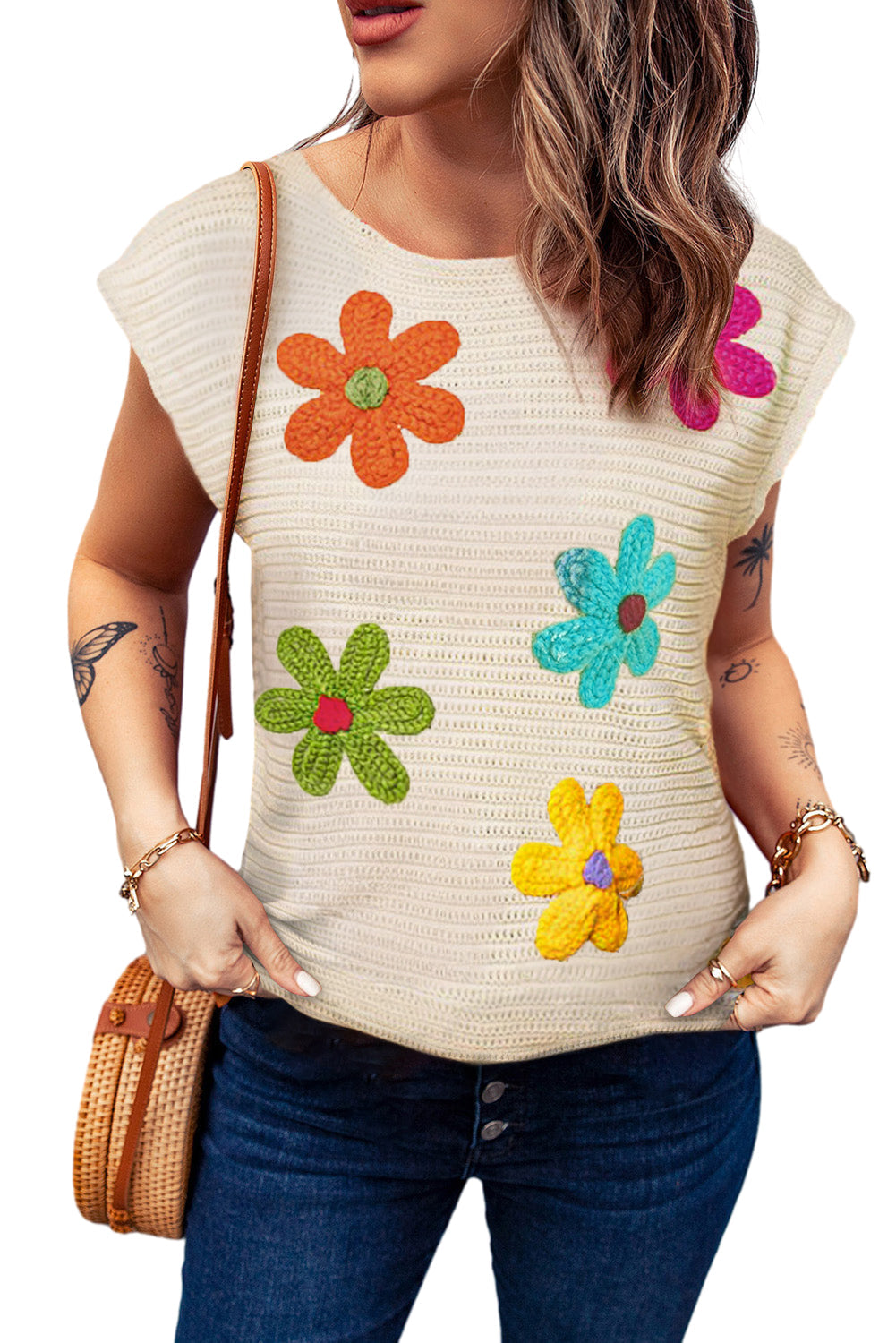 Haut tricoté a col rond en crochet fleuri