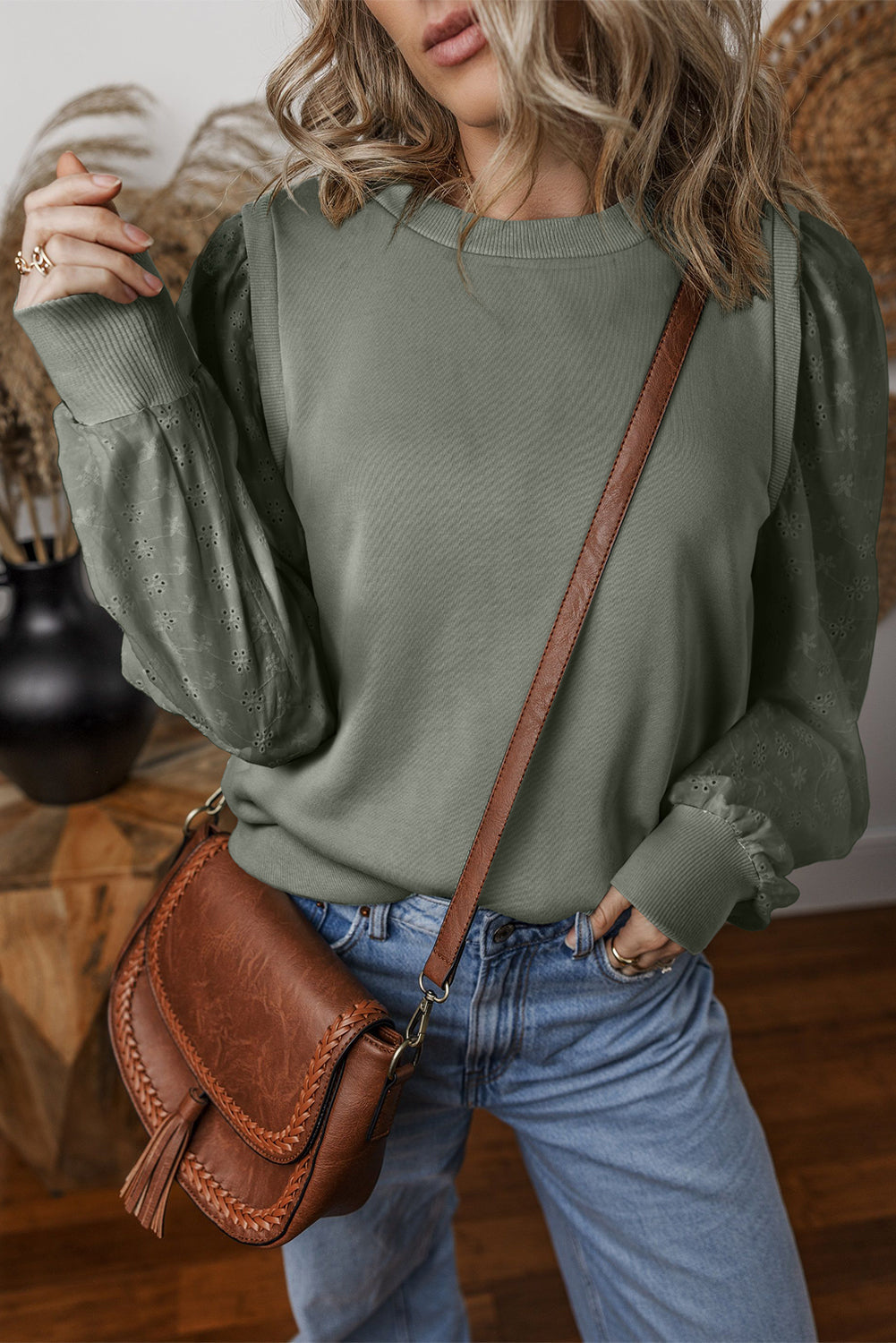 Sweat-shirt uni à manches patchwork et col rond