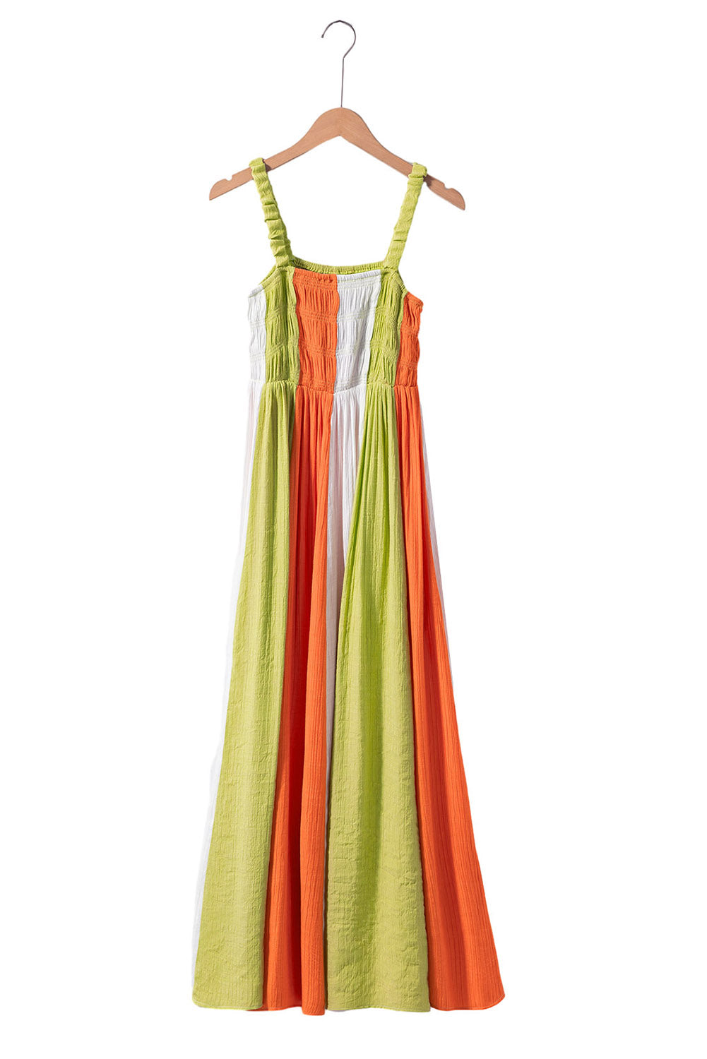 Robe longue évasée taille haute froncée color block