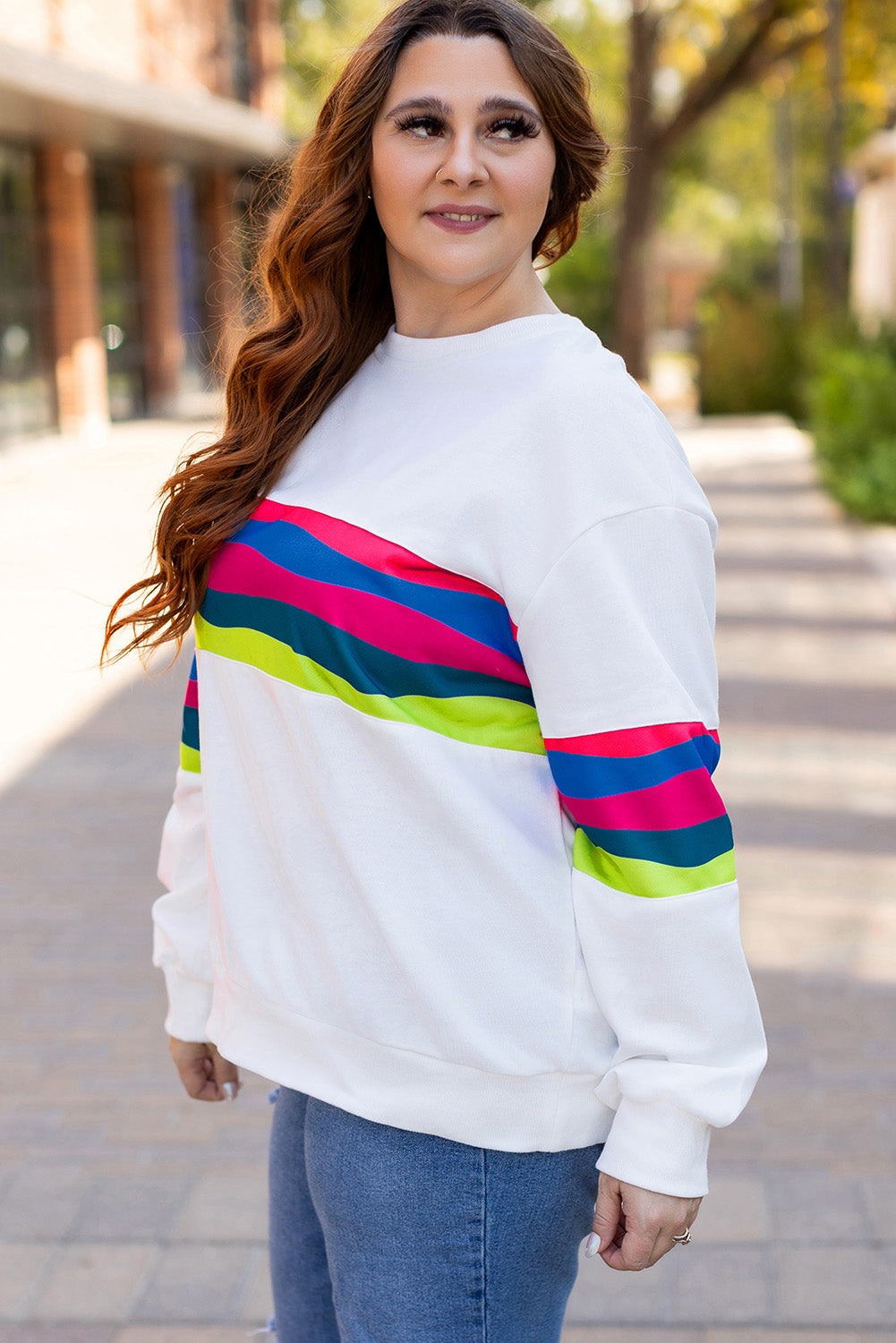 Sweat-shirt Ample Rayé Coloré a Goutte Épaule de Grande Taille