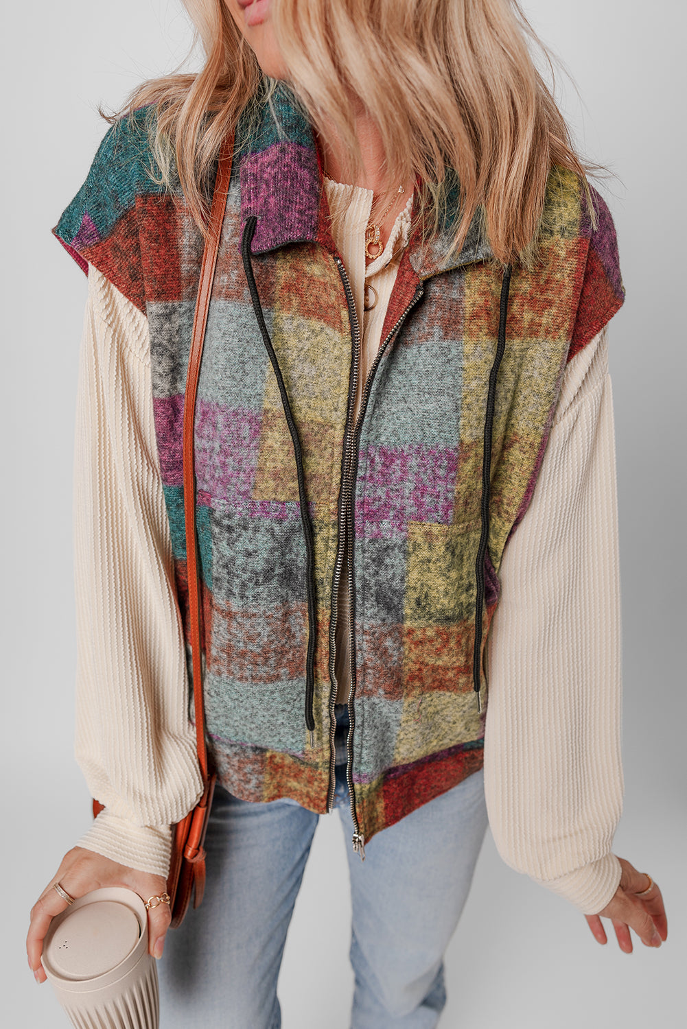 Gilet ample zippé a carreaux et poches latérales