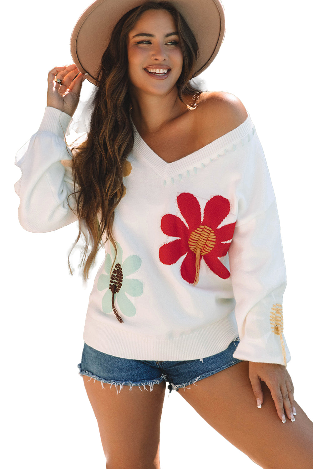 Pull a col en V et épaules tombantes a motif de grandes fleurs