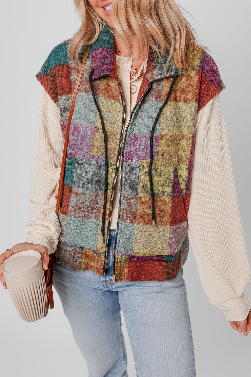Gilet ample zippé a carreaux et poches latérales