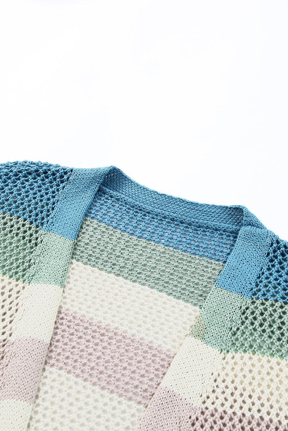 Cardigan en tricot évidé à rayures vertes et blocs de couleurs