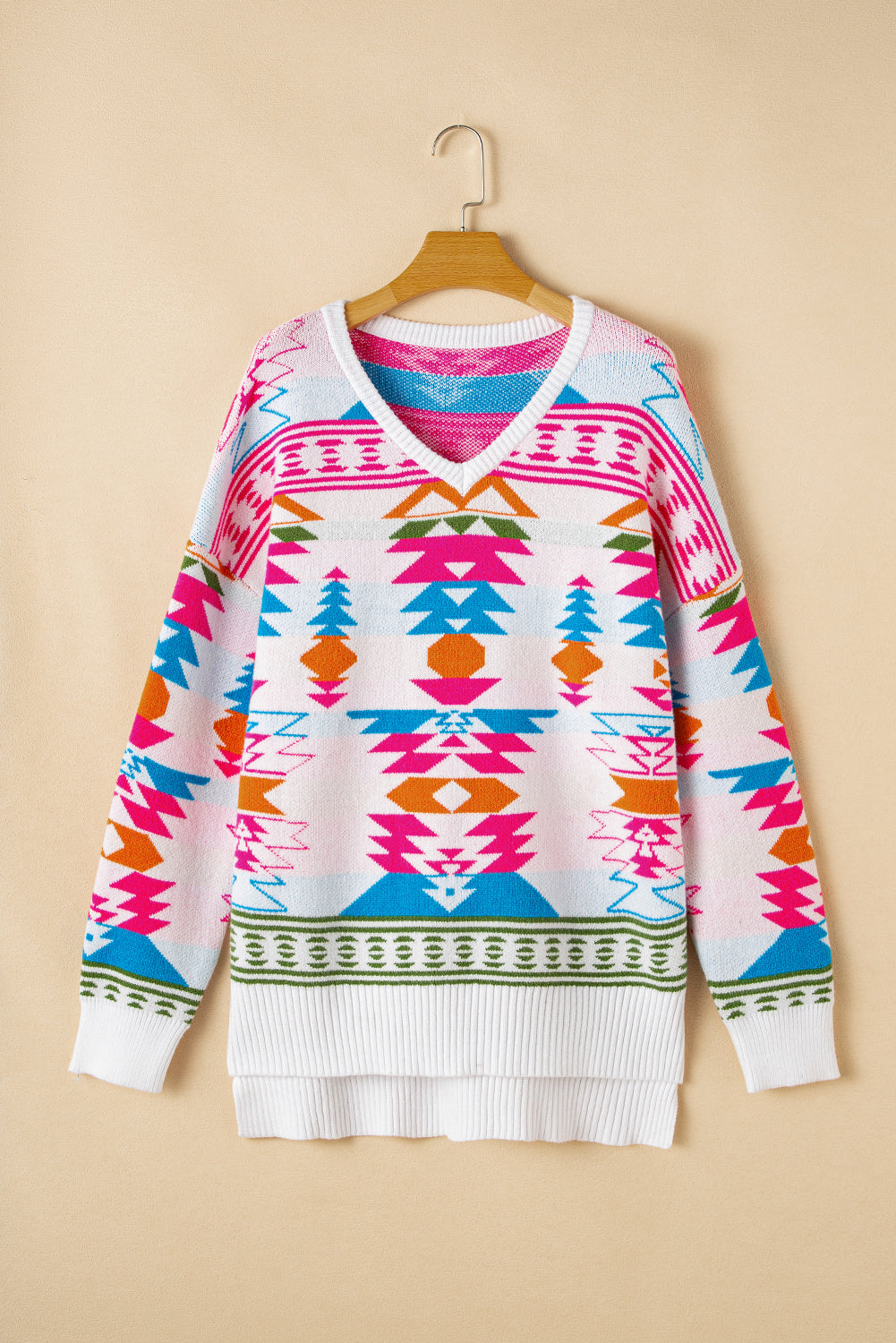Pull oversize a imprimé aztèque, haut et bas, col en V