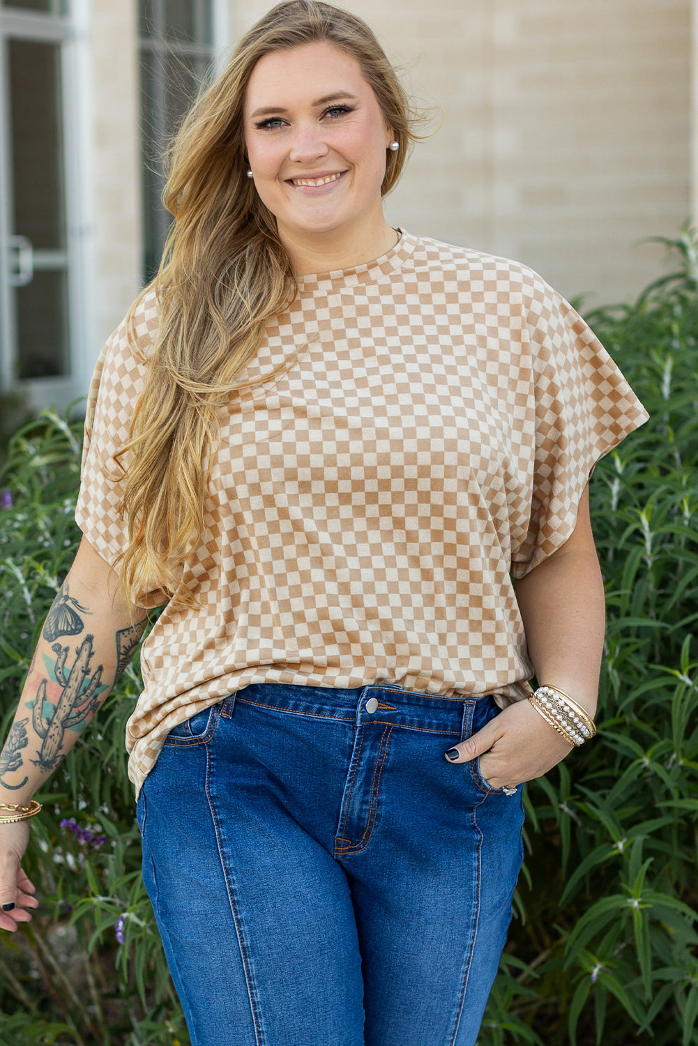 T-shirt a manches courtes et chauve-souris en damier, col rond, grande taille