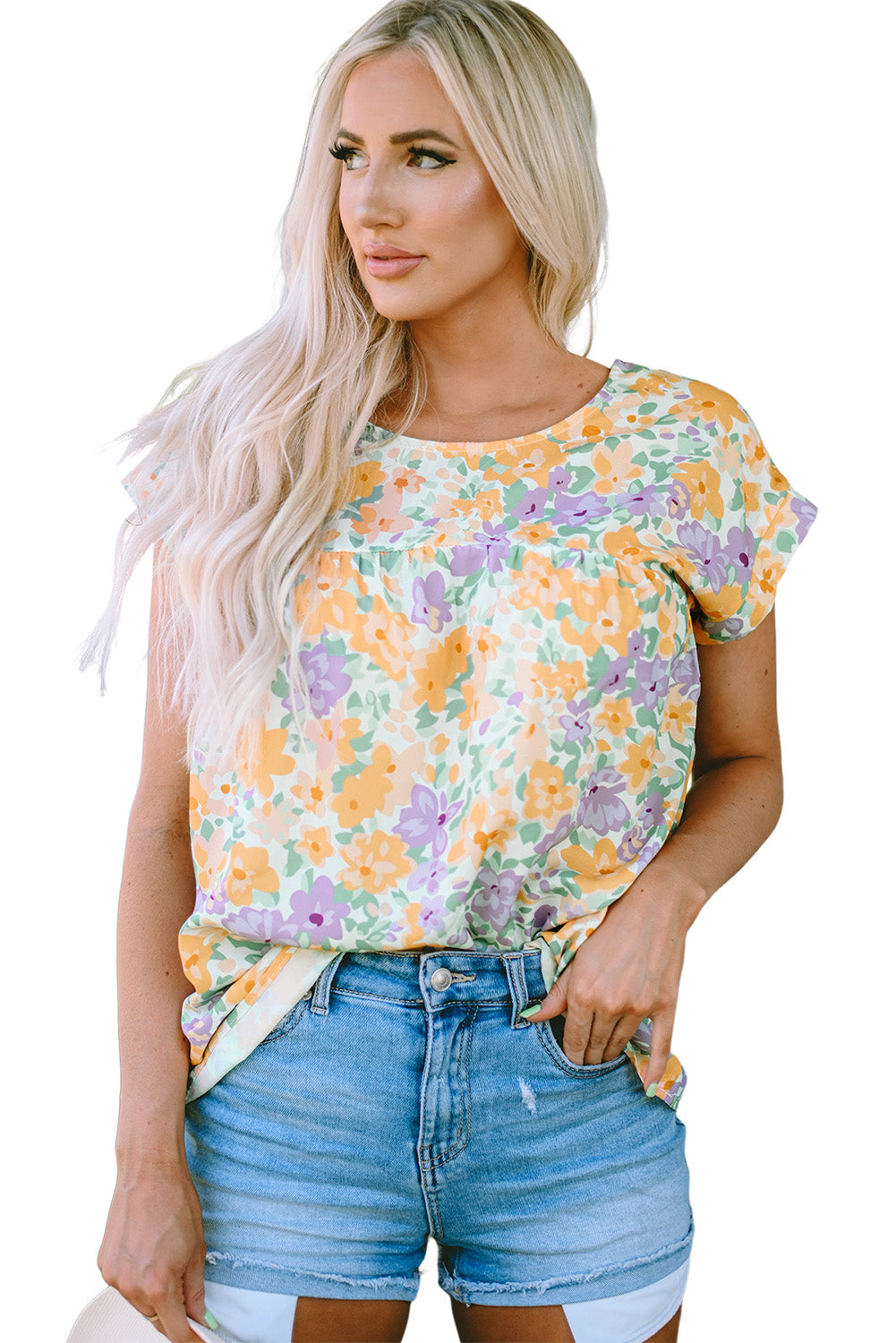 Chemisier babydoll à manches courtes et imprimé floral au dos