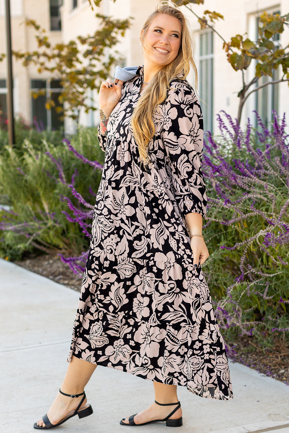 Robe Longue a Col Imprimé Floral et Manches Bouffantes de Grande Taille
