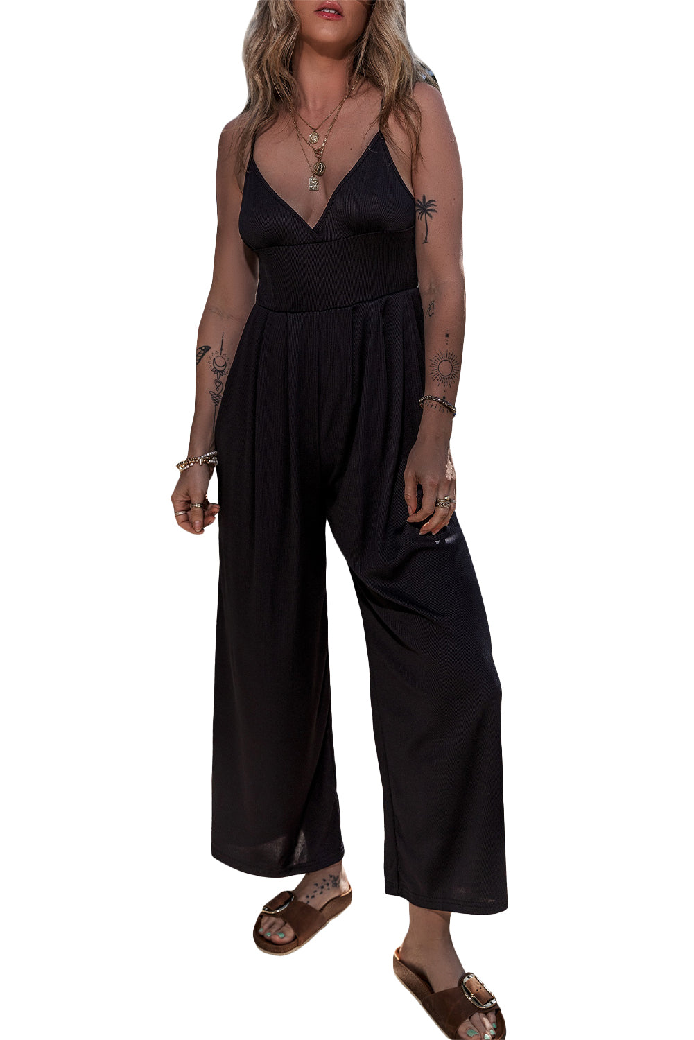 Combinaison camisole sexy à jambes larges et taille haute col en V