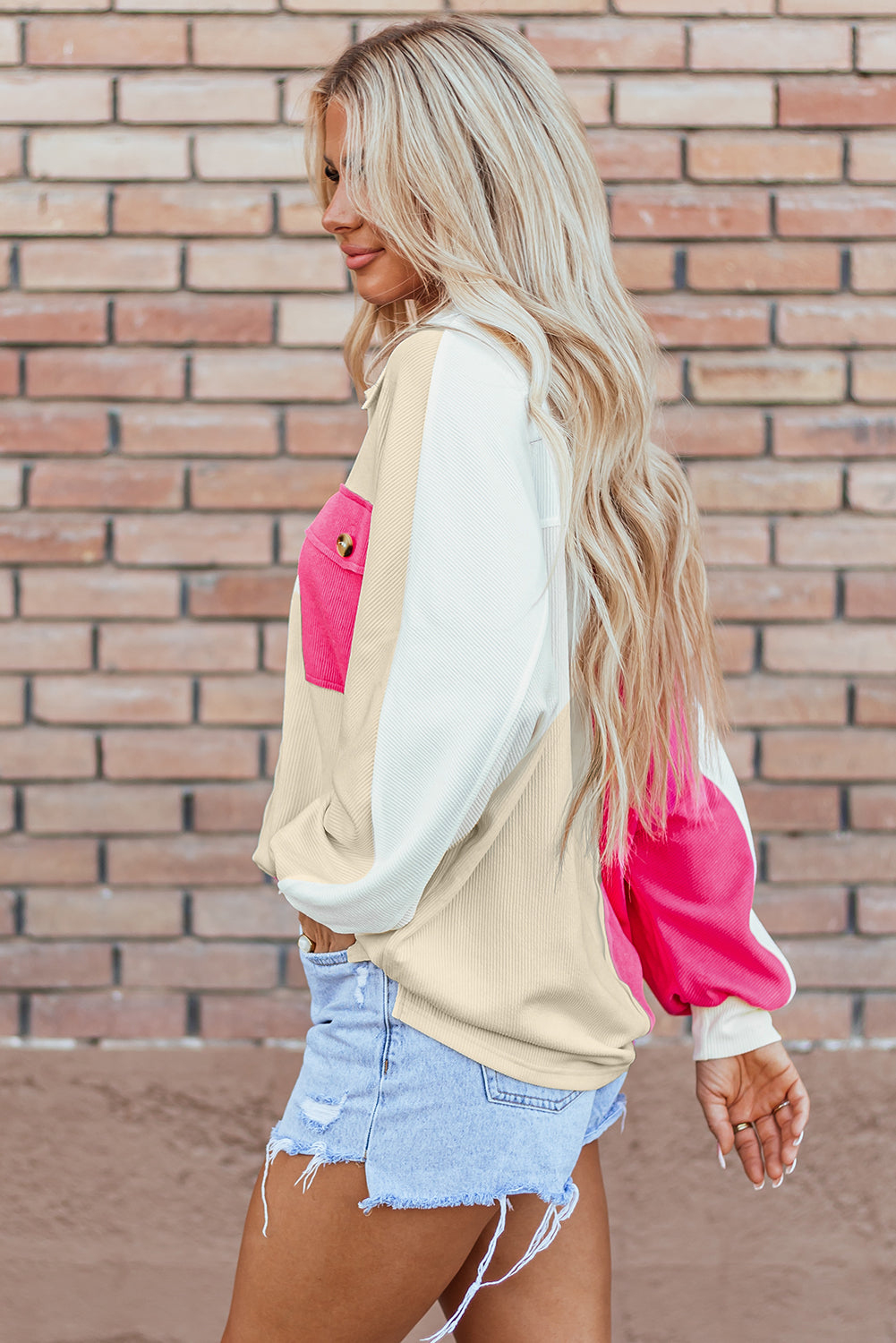 Sweat-shirt surdimensionné à col côtelé et blocs de couleurs