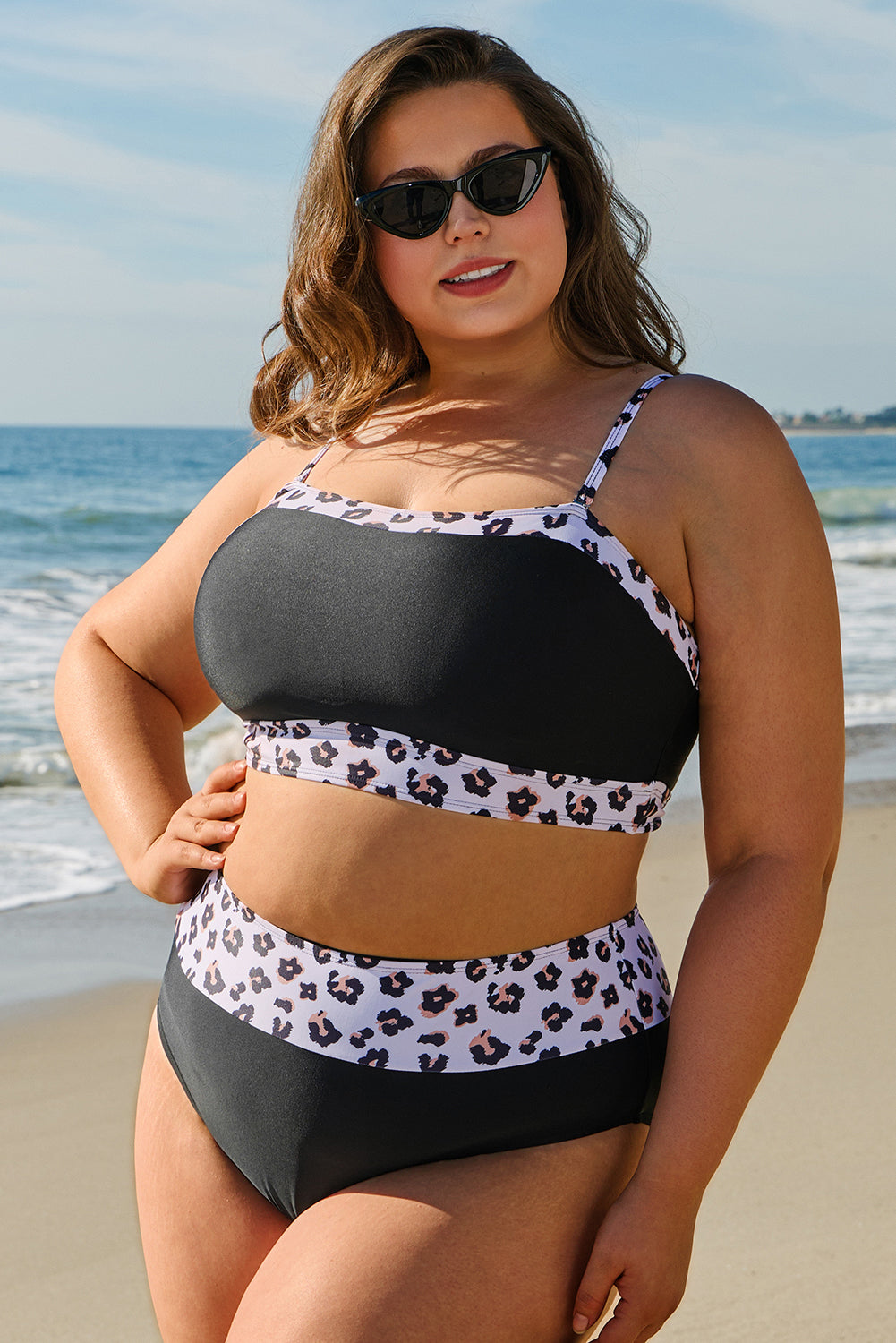 Maillot de bain 2 pièces taille haute patchwork léopard grande taille