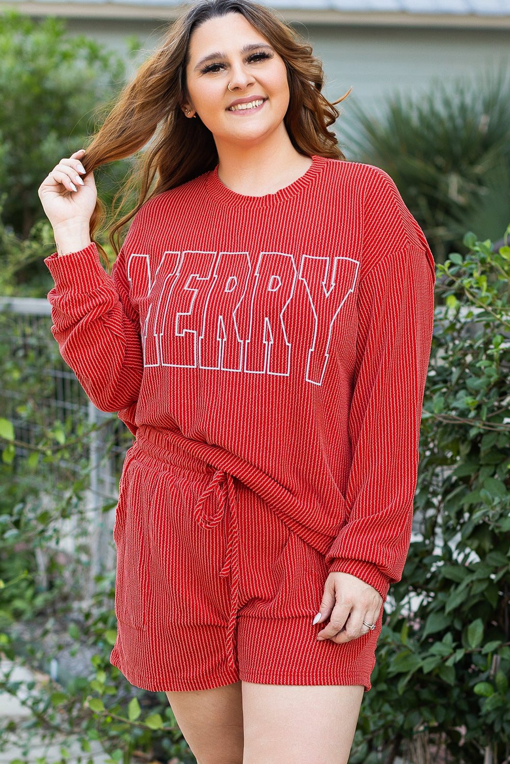 MERRY Ensemble en tricot côtelé a manches longues et taille a lacets, grande taille