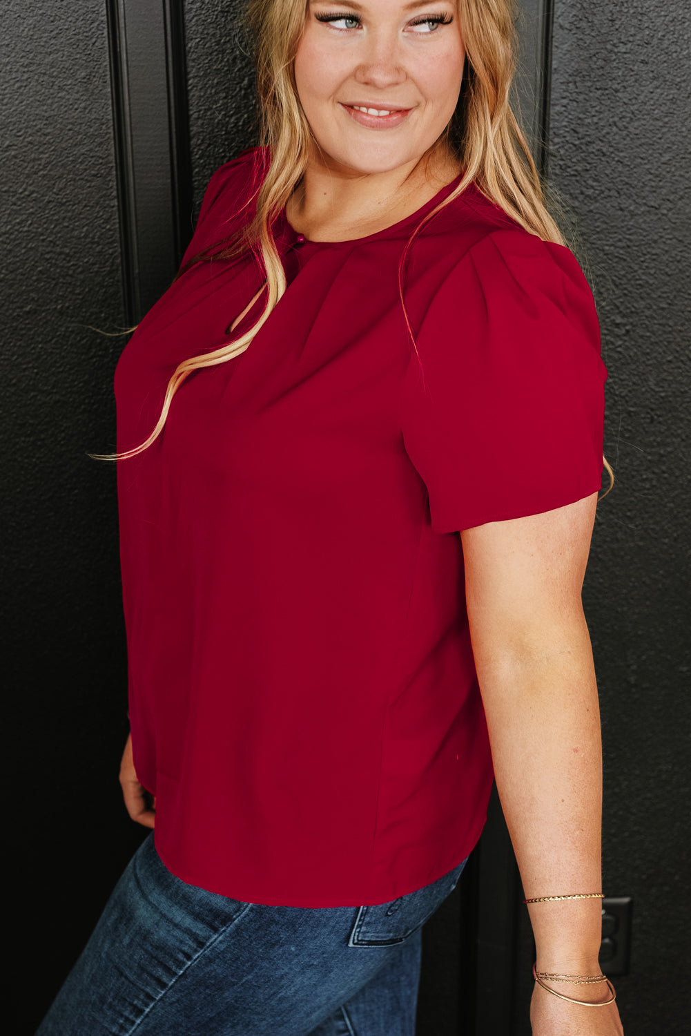 T-shirt Plissé à Col Rond Grande Taille