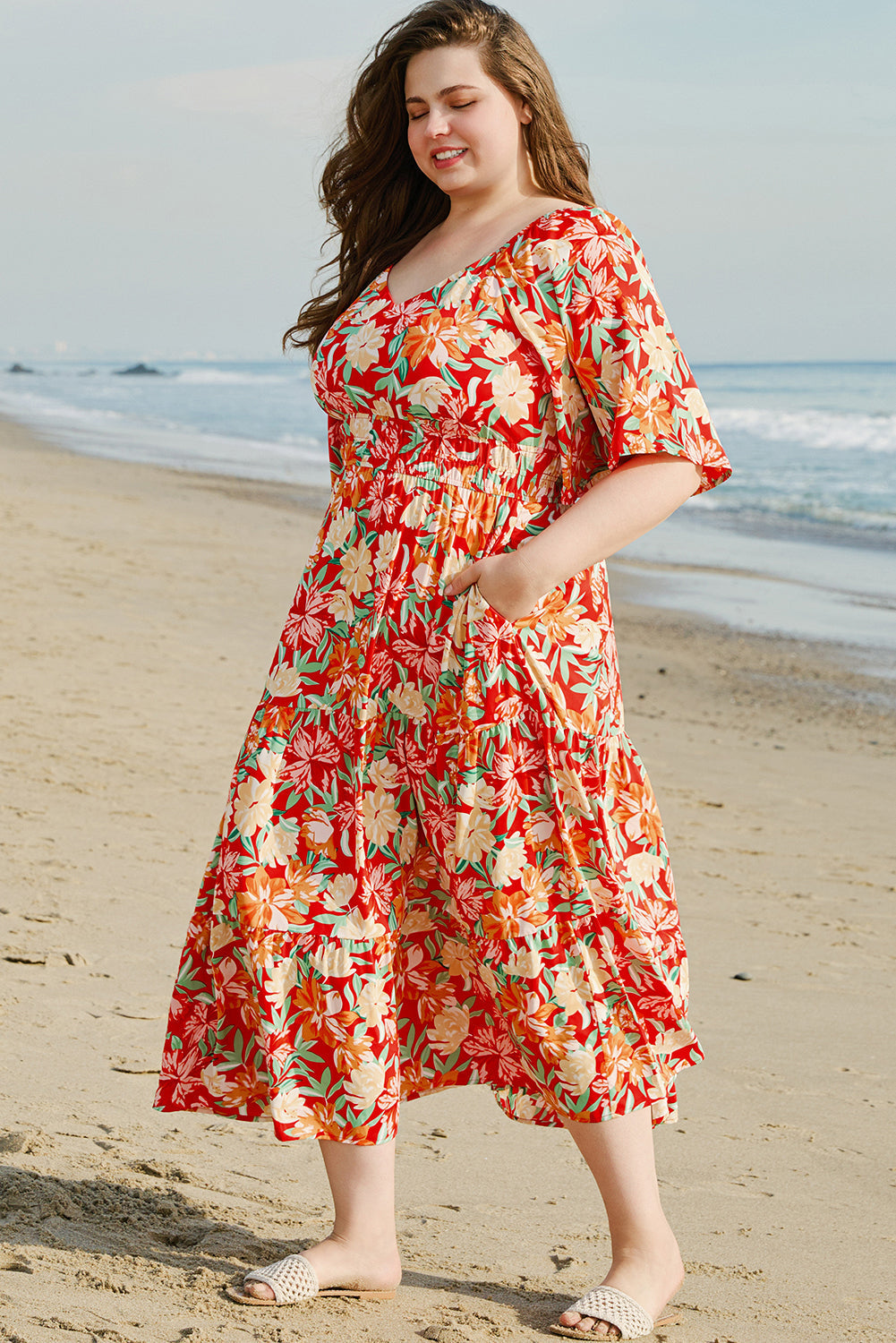 Robe longue grande taille à fleurs, col en V, manches flottantes, taille cintrée