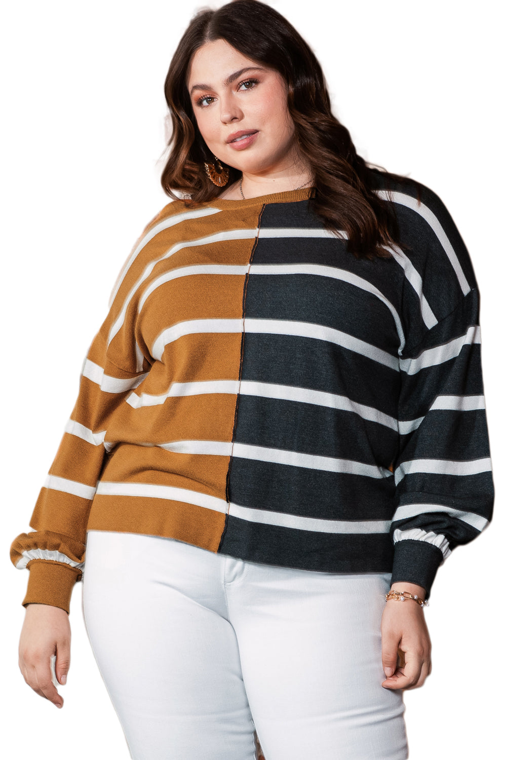 Haut Ample Patchwork Rayé Colorblock de Grande Taille