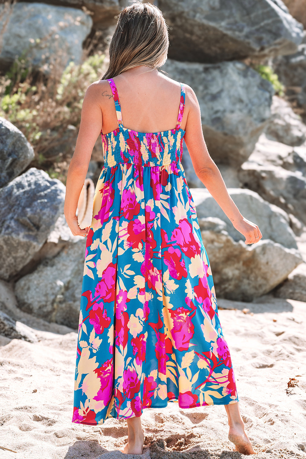 Robe longue évasée sans manches à taille haute et motif floral
