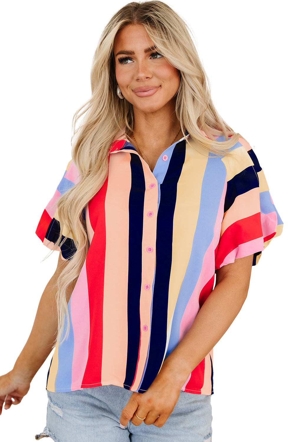 Chemise boutonnée à manches bouffantes et rayures color block
