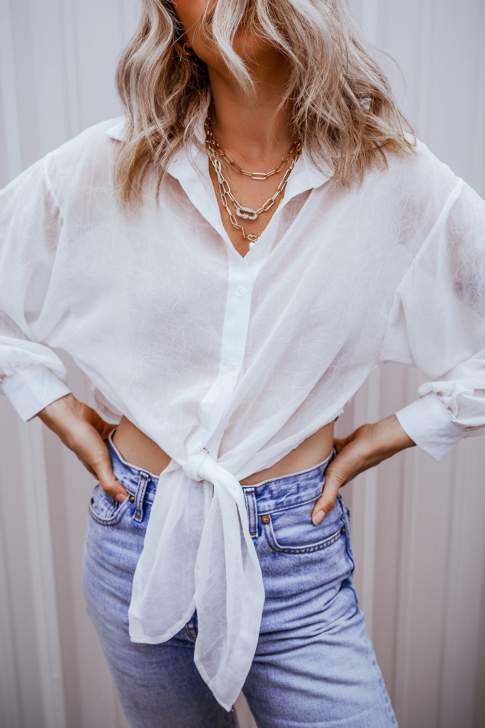 Chemise transparente unie nouée sur le devant, coupe ample
