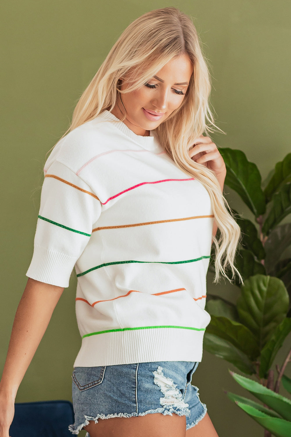 Pull rayé a manches mi-longues et épaules tombantes