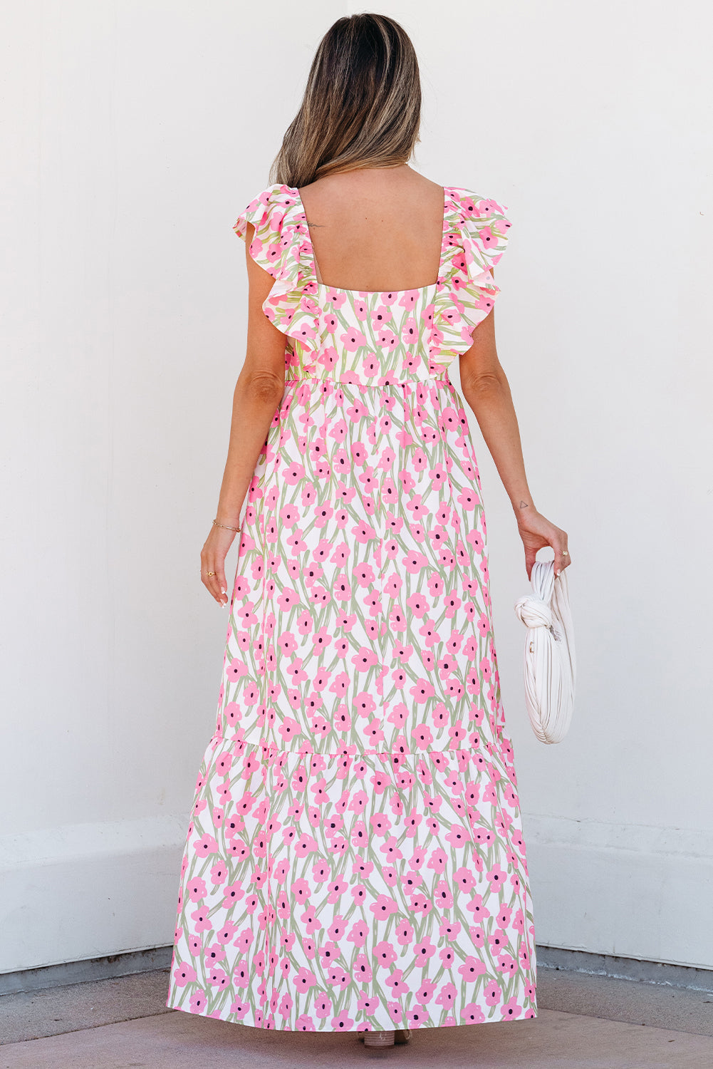 Robe longue à imprimé floral, col carré, bretelles à volants