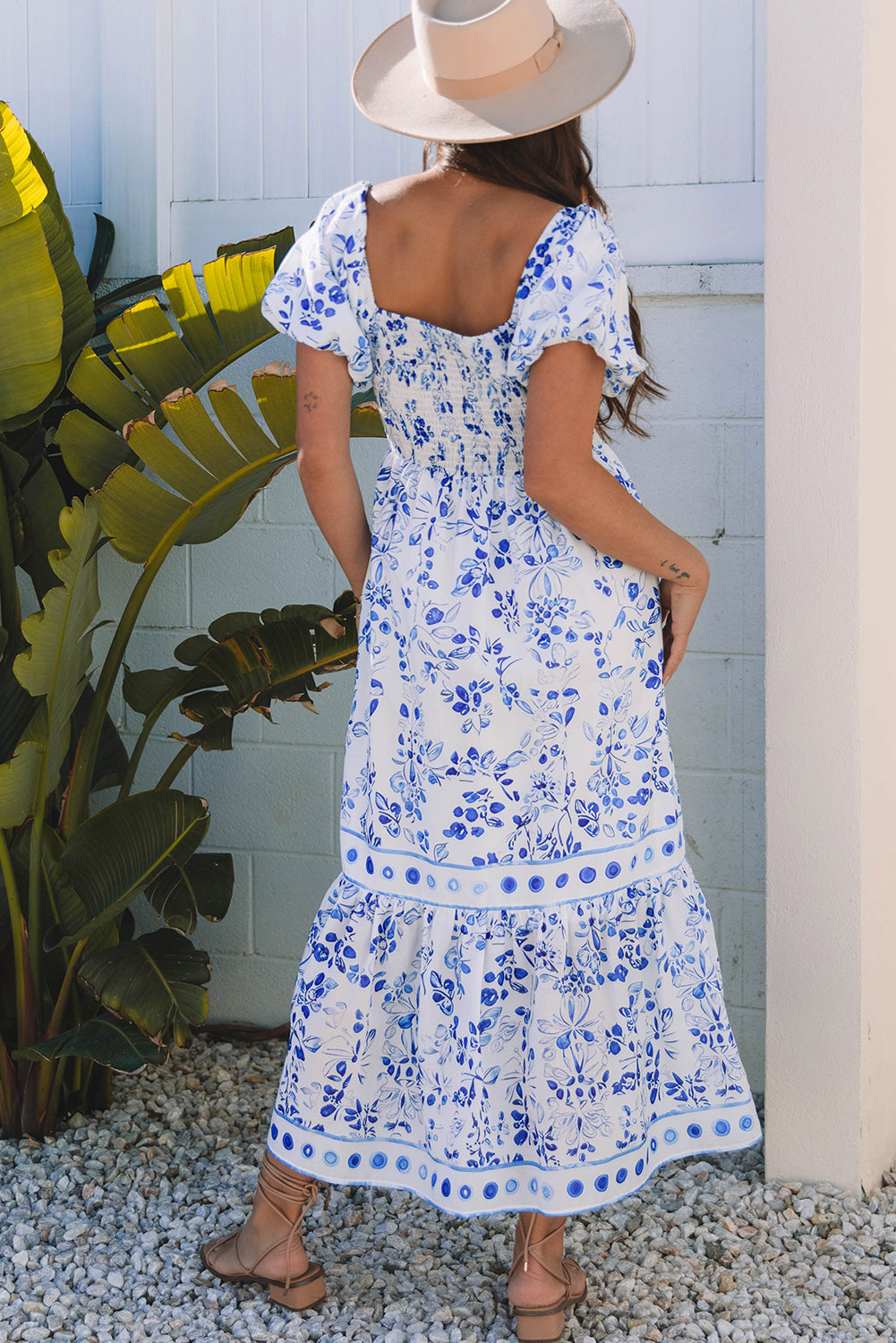 Robe longue à imprimé floral, col carré, manches bouffantes, taille haute