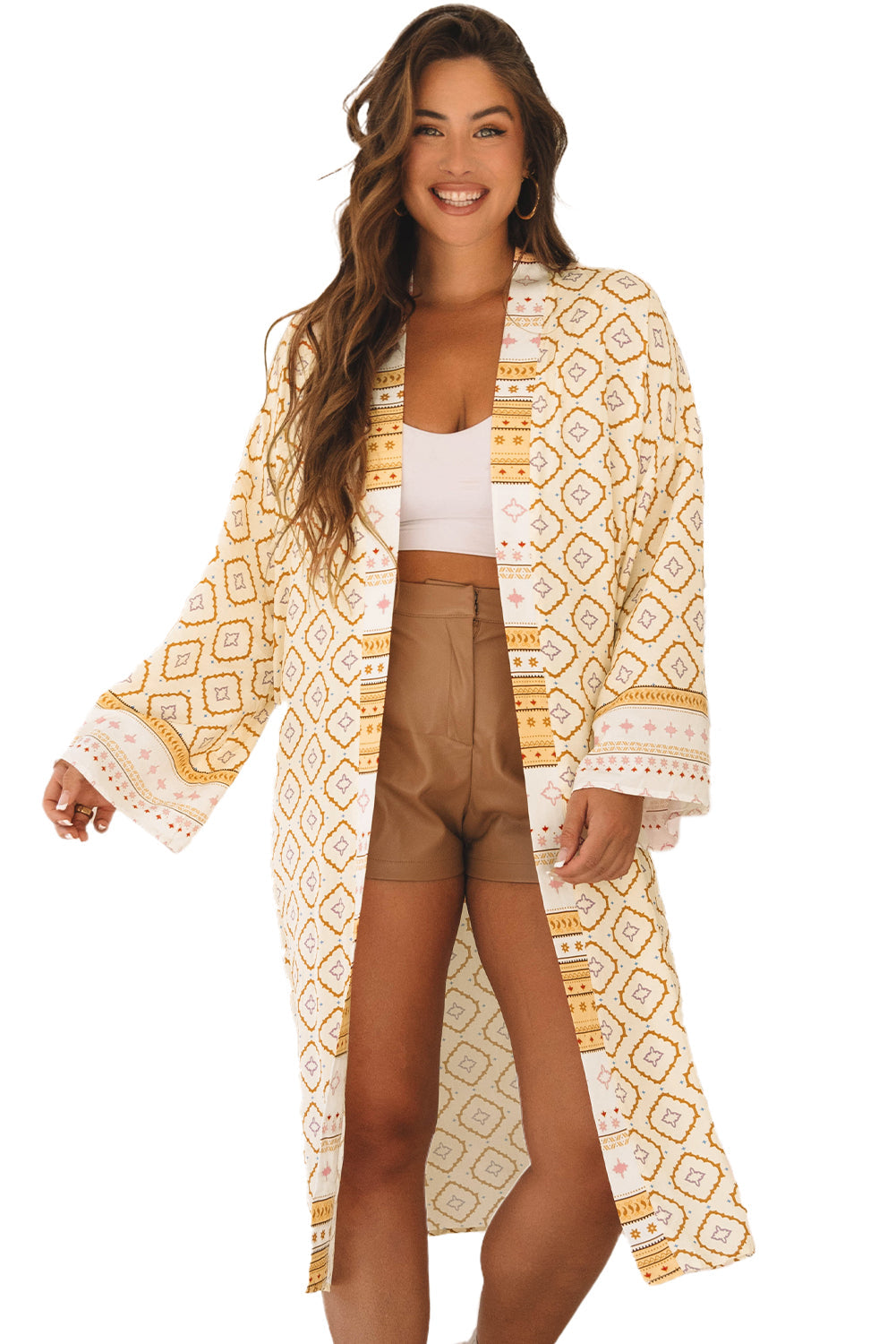 Kimono long a manches amples imprimé géométrique bohème
