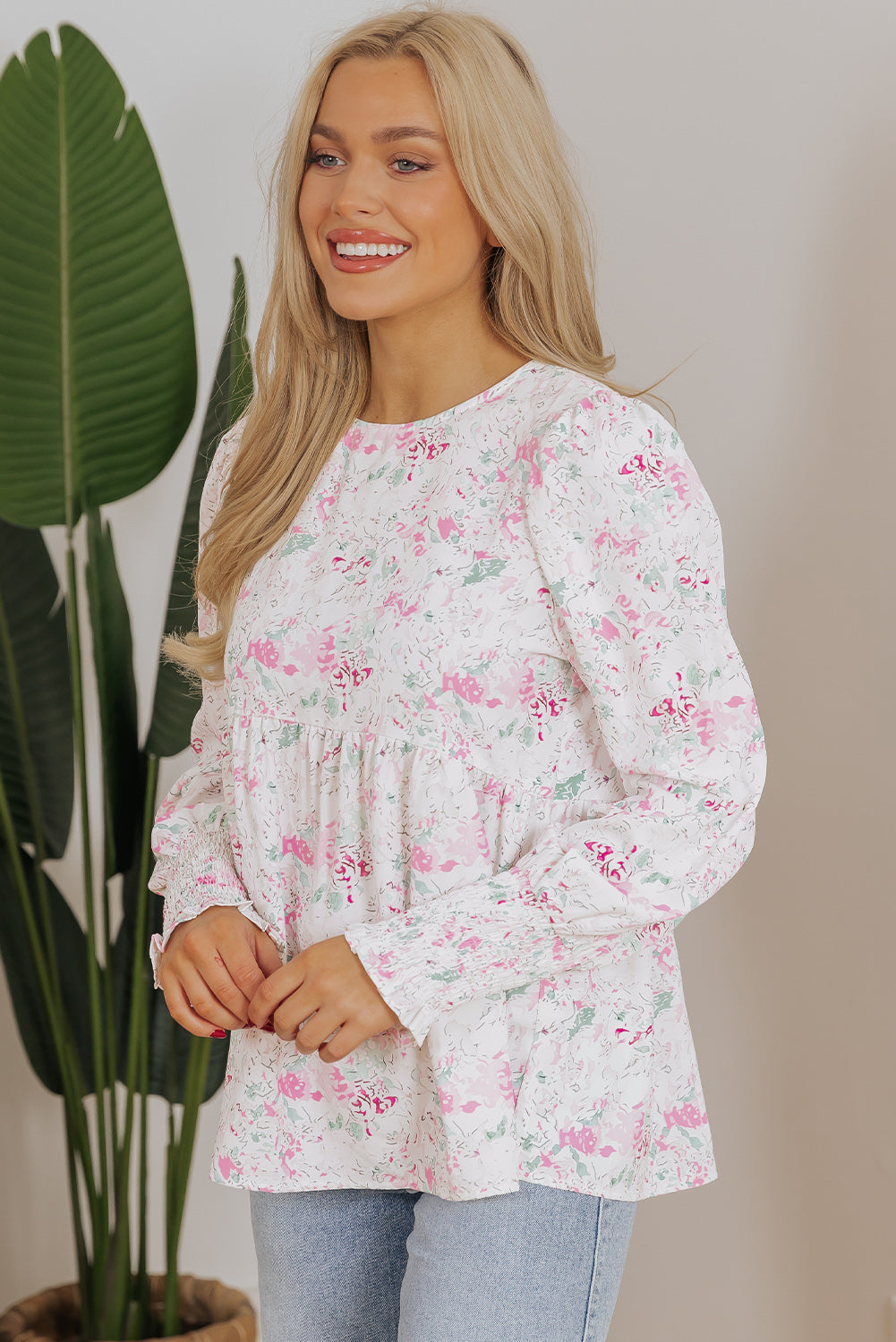 Chemisier babydoll a imprimé floral et manches ballon froncées avec trou de serrure dans le dos