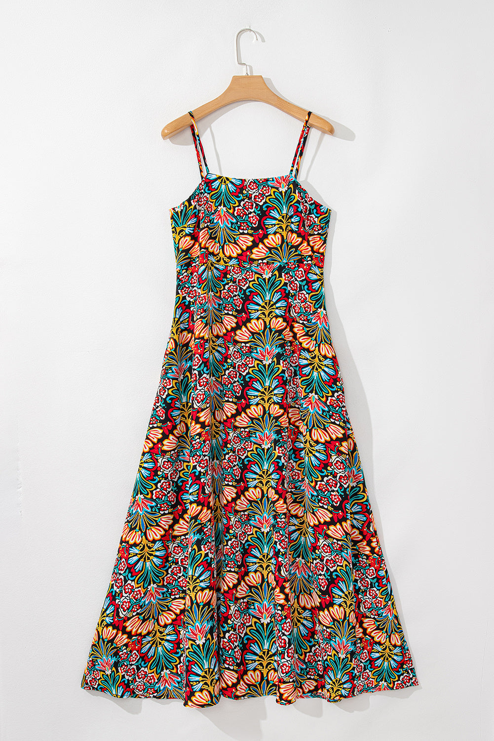 Robe longue bohème à imprimé floral et fines bretelles, sans manches, taille haute