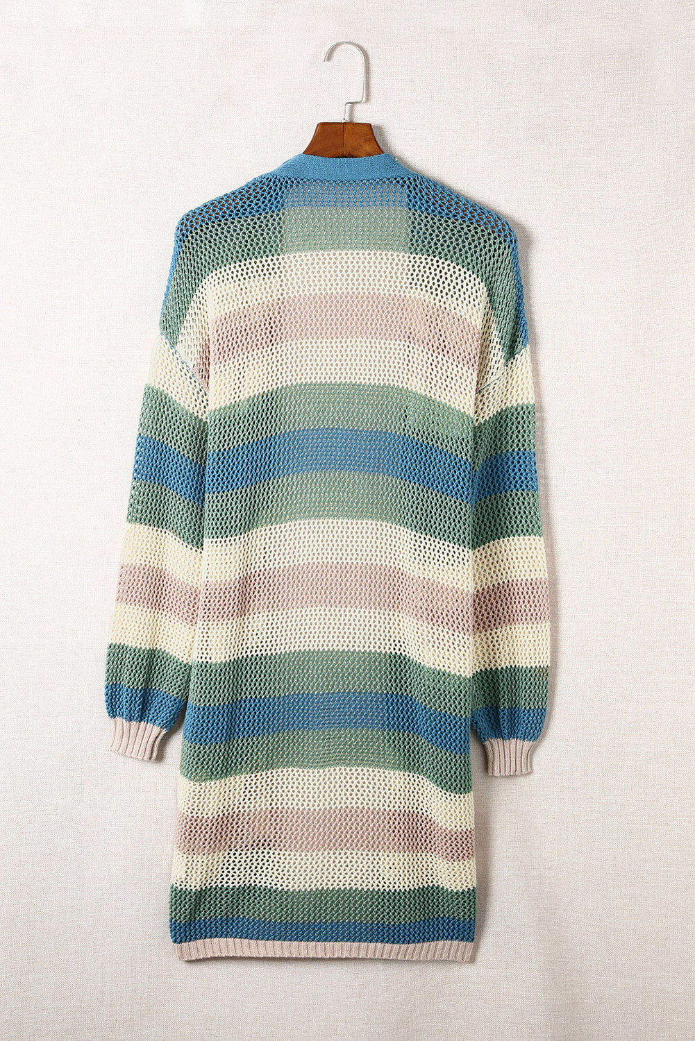 Cardigan en tricot évidé à rayures vertes et blocs de couleurs
