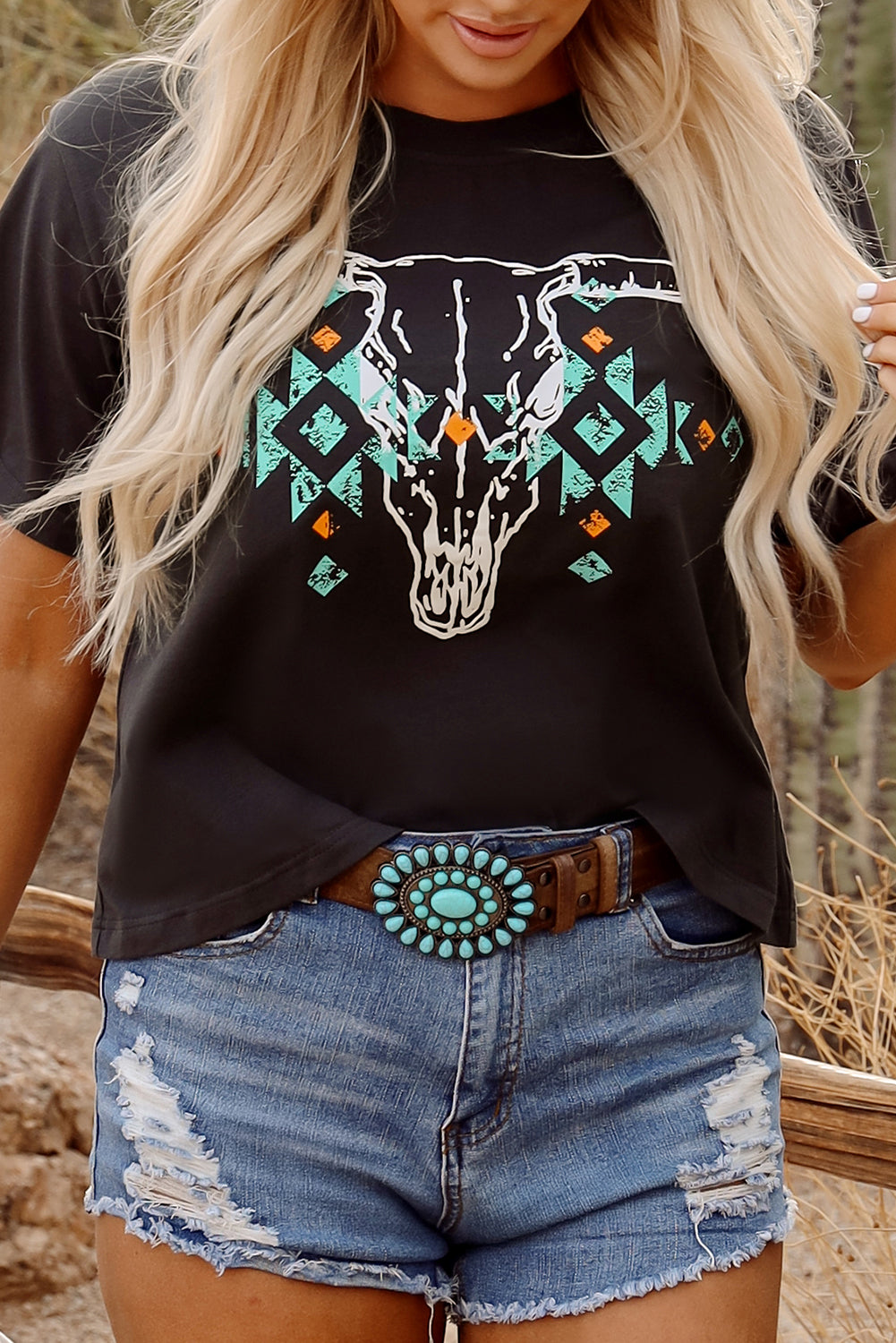 T-shirt vintage à motif tête de taureau western turquoise et aztèque