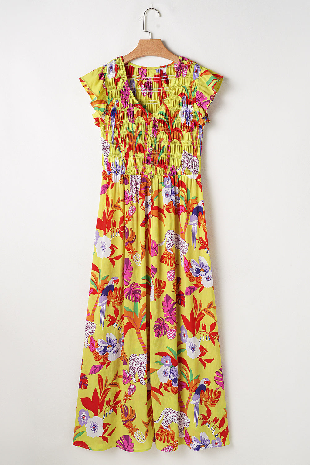 Robe longue à col en V et boutons froncés, imprimé guépard