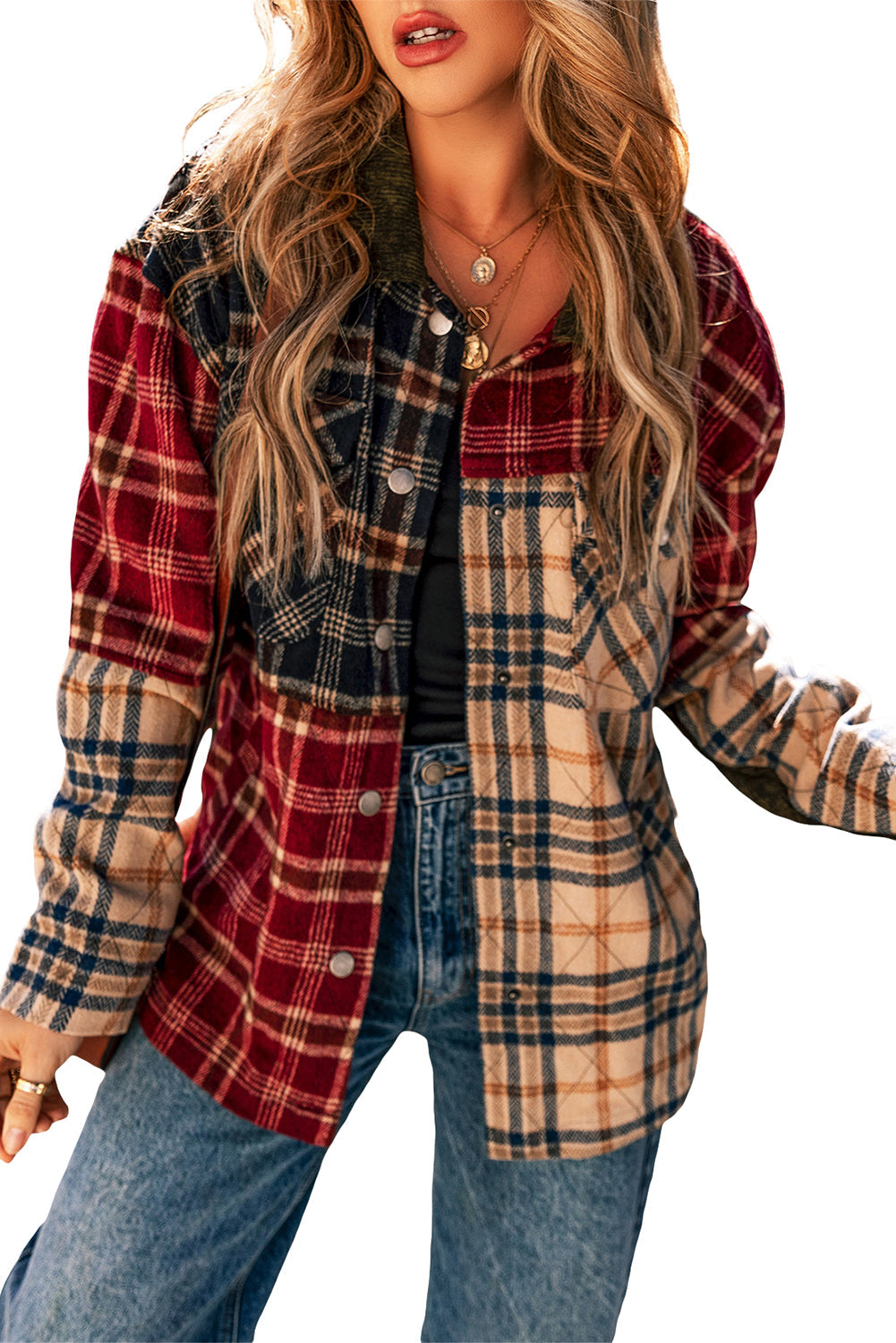 Veste rétro à carreaux mélangés et patchwork