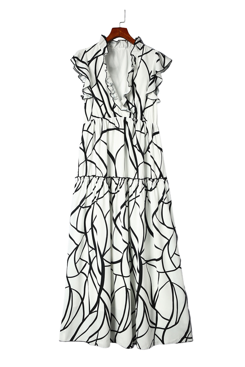 Robe longue à volants et col en V imprimé veines abstraites