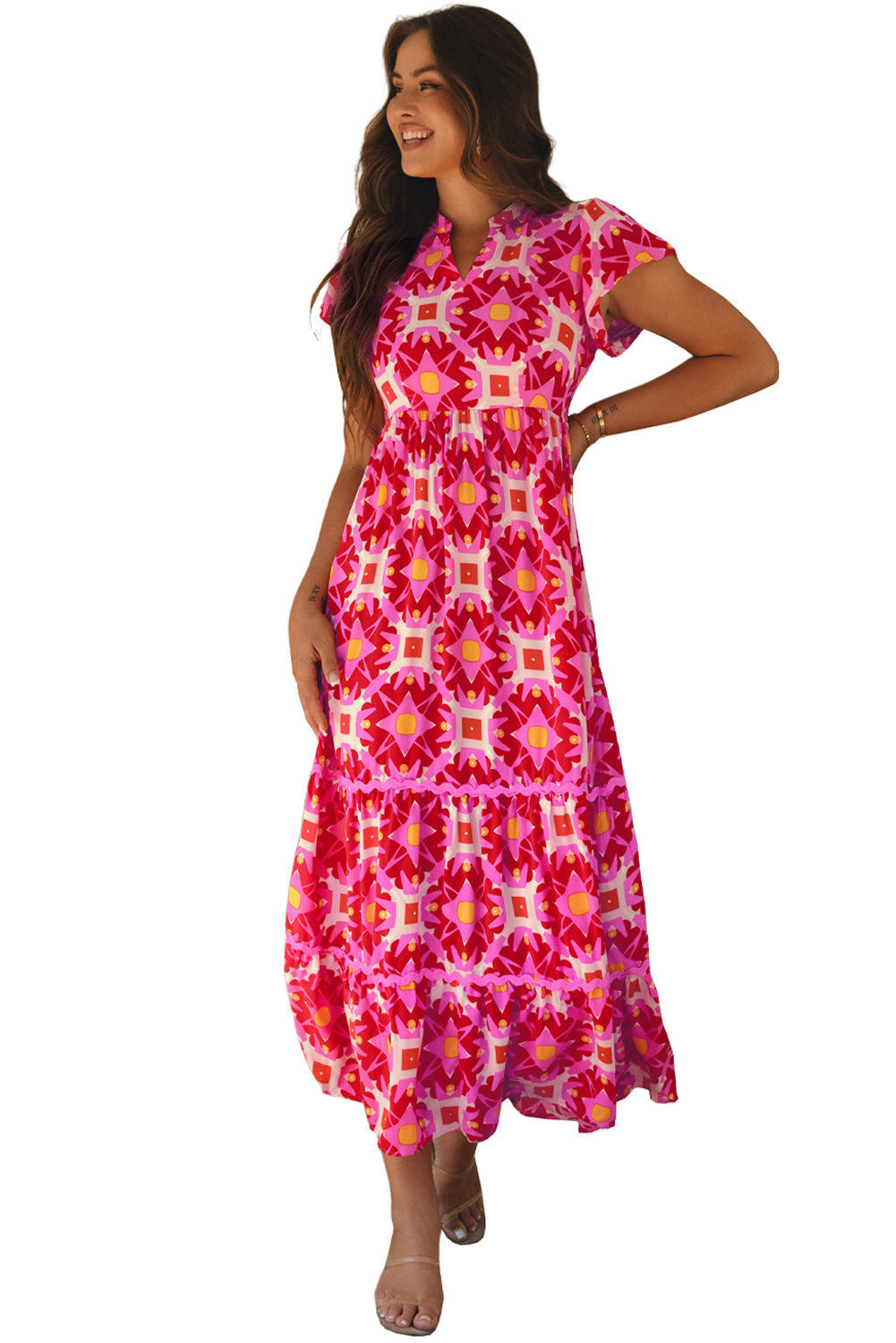 Robe longue a col en V et imprimé géométrique