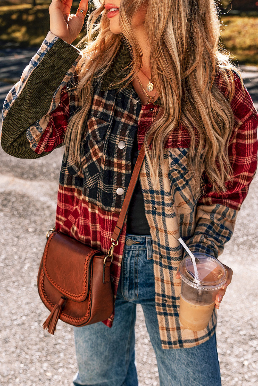 Veste rétro à carreaux mélangés et patchwork