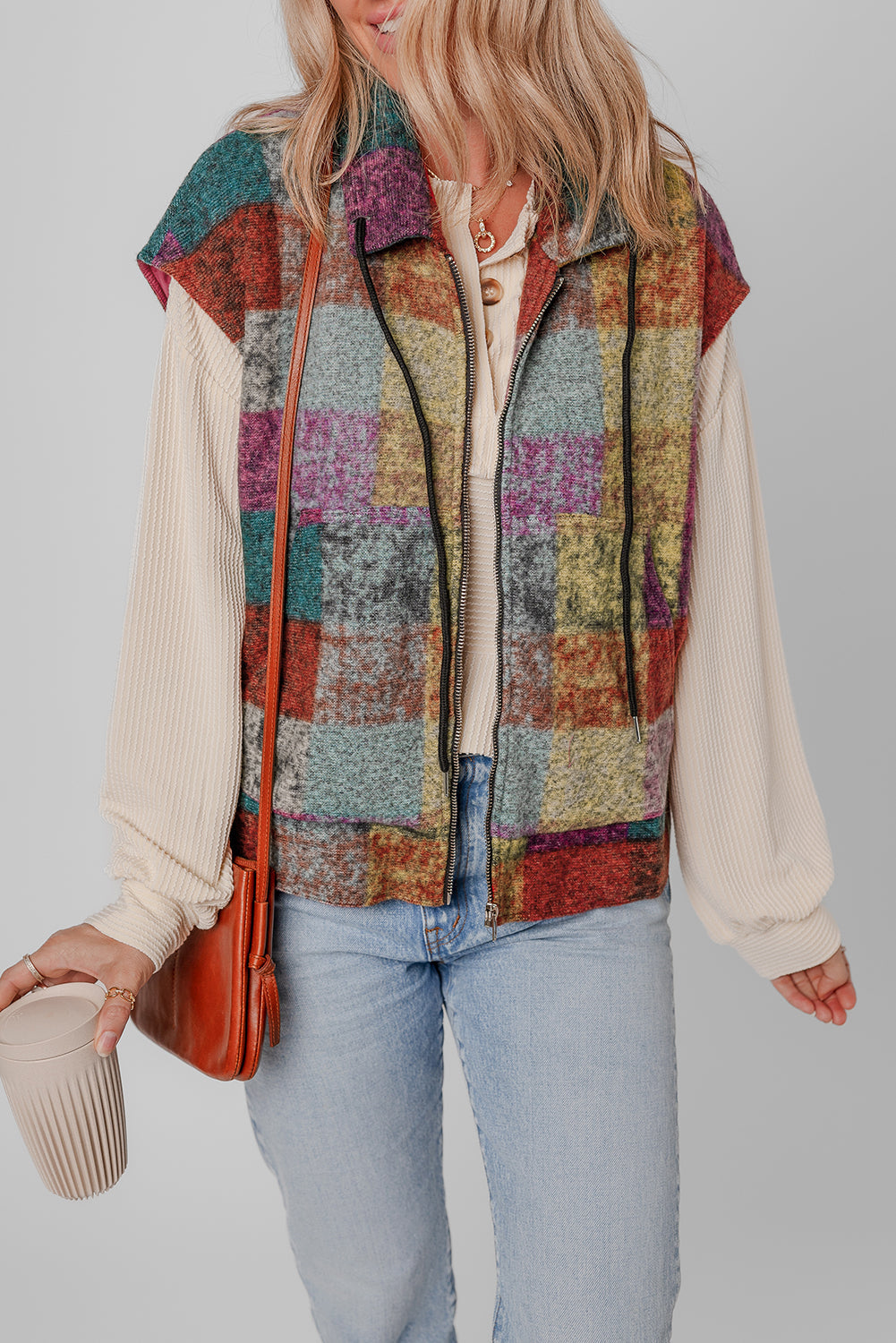 Gilet ample zippé a carreaux et poches latérales