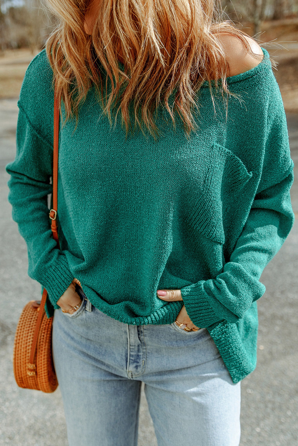 Pull en tricot côtelé à épaules dénudées de couleur unie avec poche
