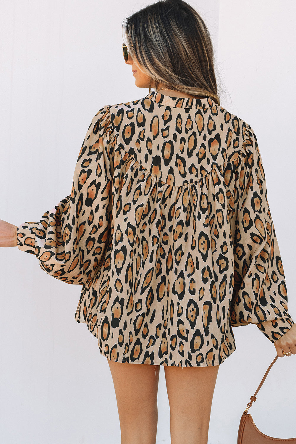 Chemise décontractée surdimensionnée à manches ballon et imprimé léopard