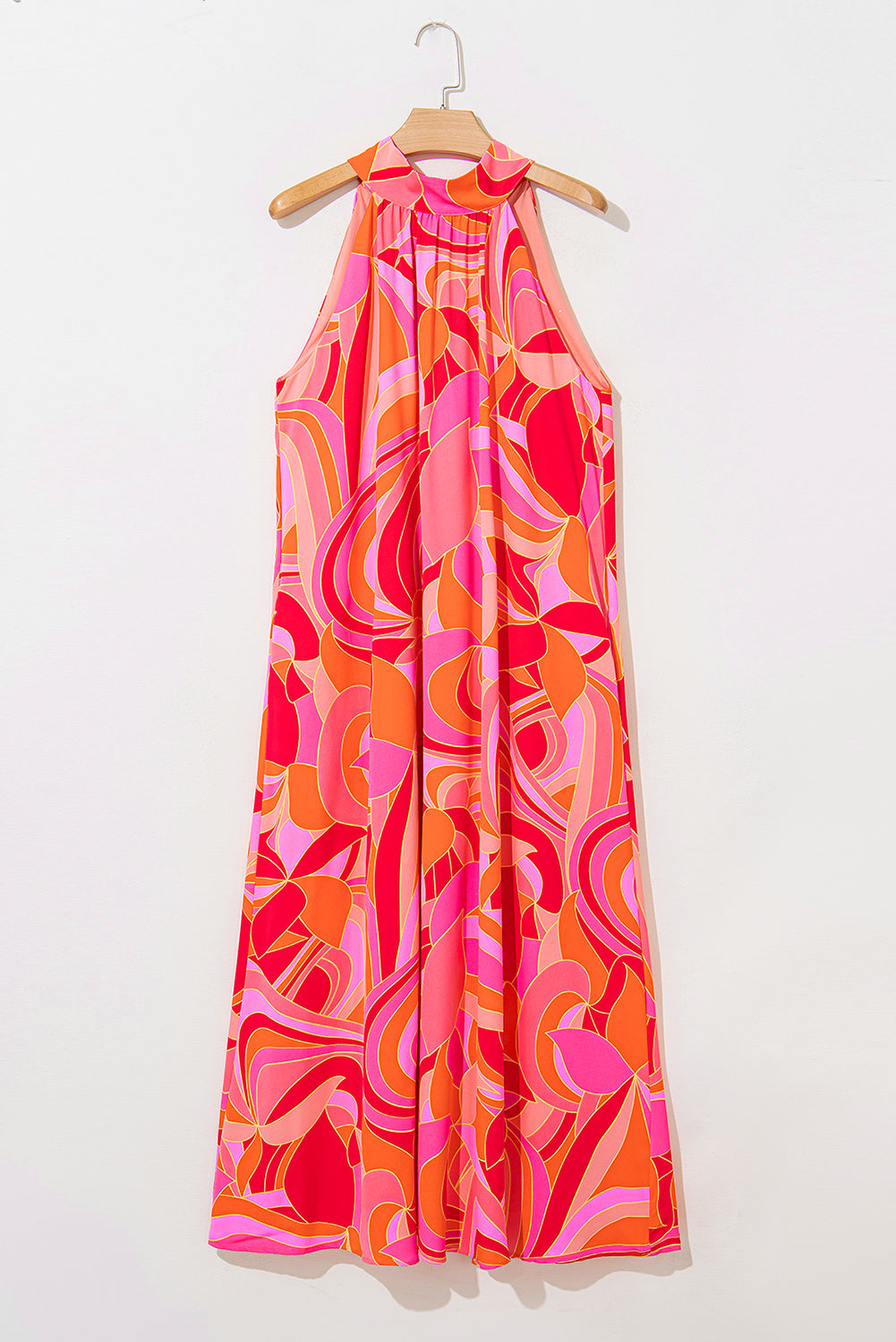 Robe longue sans manches à imprimé abstrait, col haut et nuque nouée