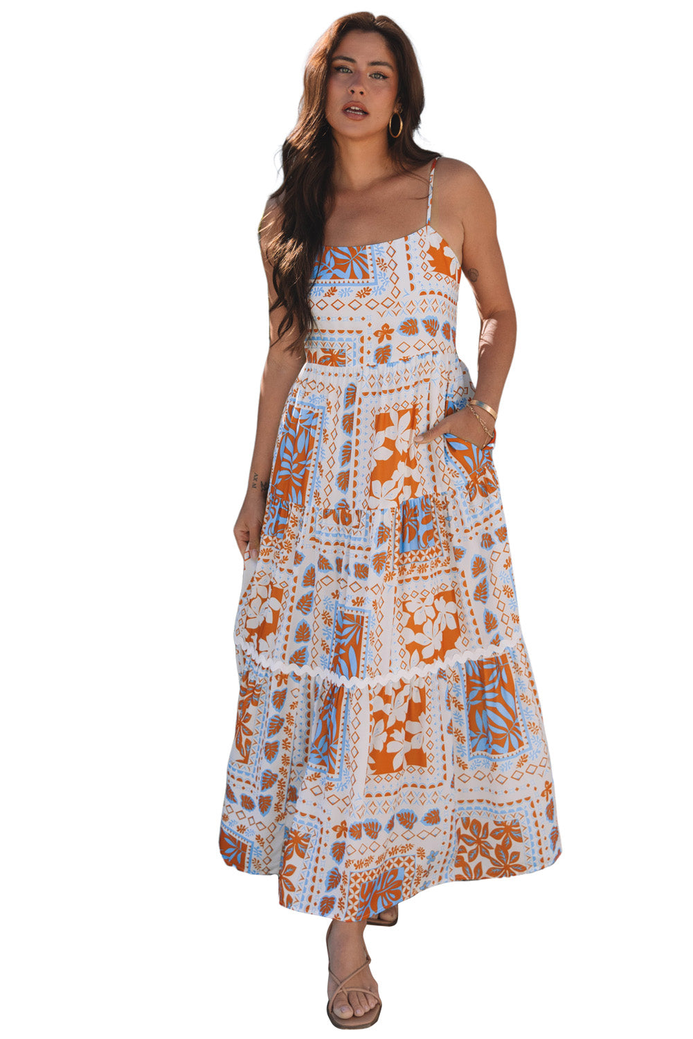 Robe longue à bretelles spaghetti et bordures en ricrac à imprimés multiples