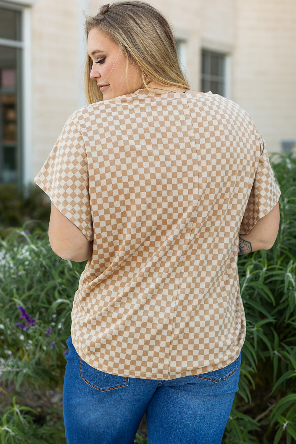 T-shirt a manches courtes et chauve-souris en damier, col rond, grande taille